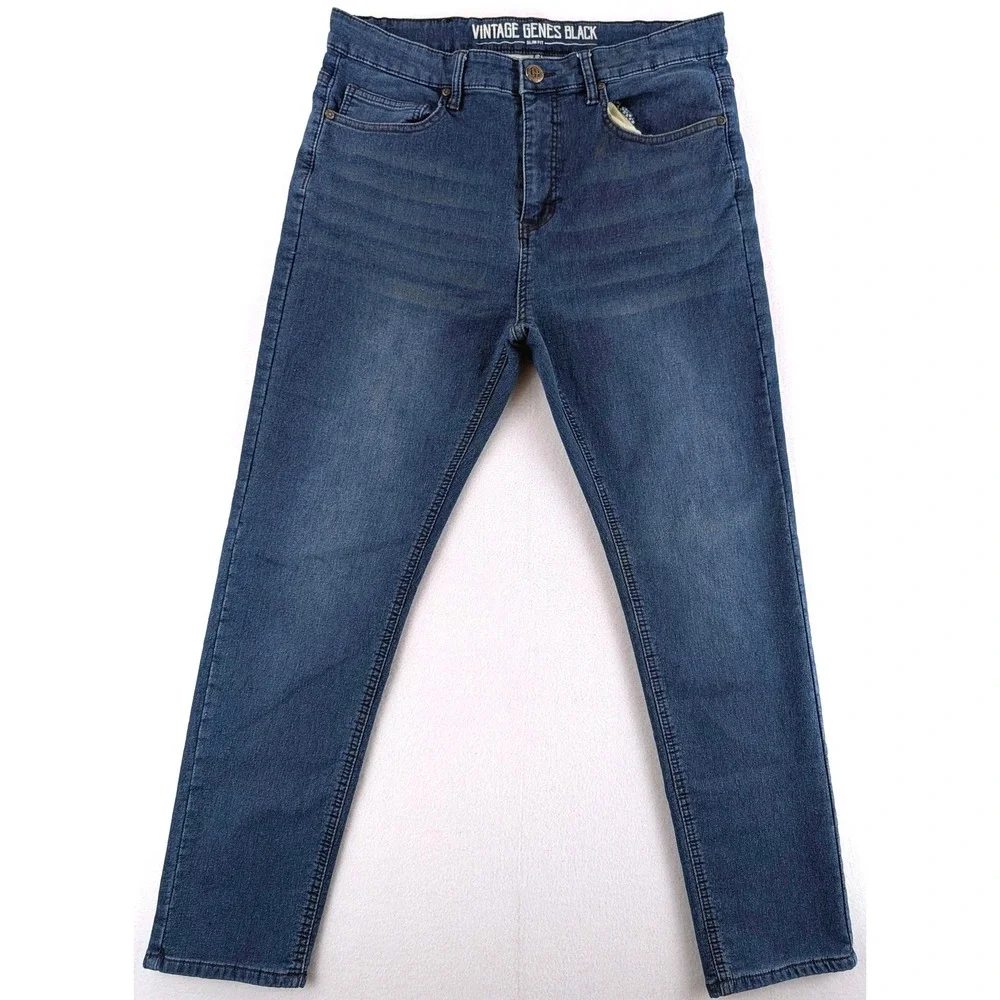 Vintage Genes Black Mens 34x30 Slim Tapered Stretch Jeans Blue Denim
